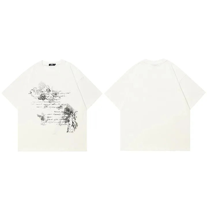 Vintage White Letter Butterfly Graphic T-Shirt — fabric close-up
