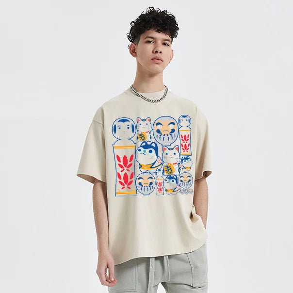 Beige Cat Graphic T-Shirt — fabric close-up