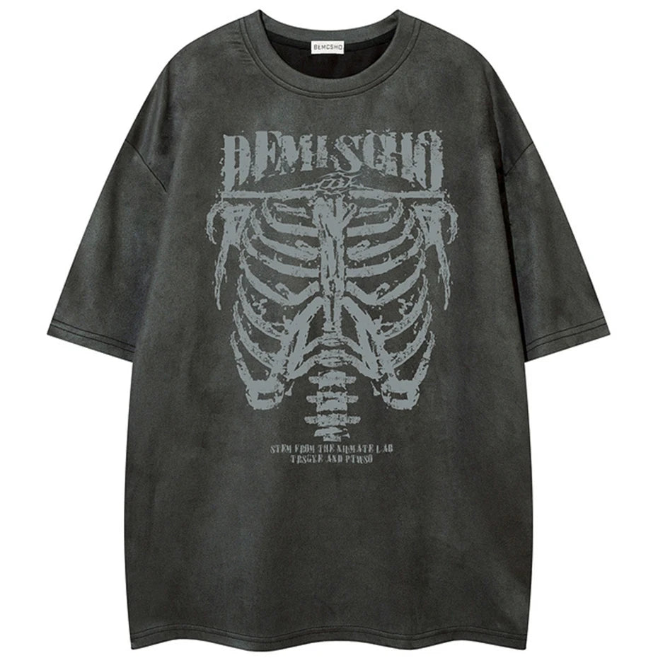 Vintage Skeleton Graphic Suede Loose T-Shirt — detail shot