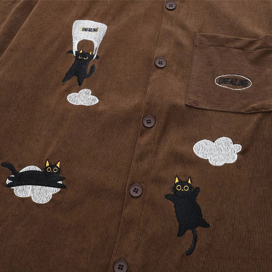 Vintage Cat Graphic Corduroy Loose Shirt — fit shot