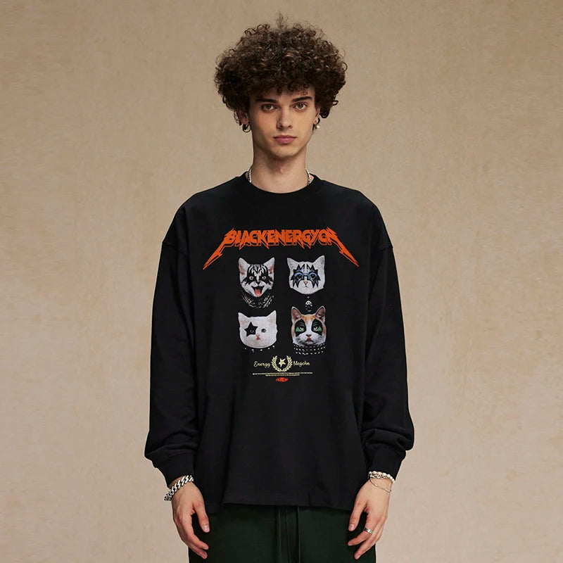 Black Baby Cats Graphic Long Sleeve Tee — front view
