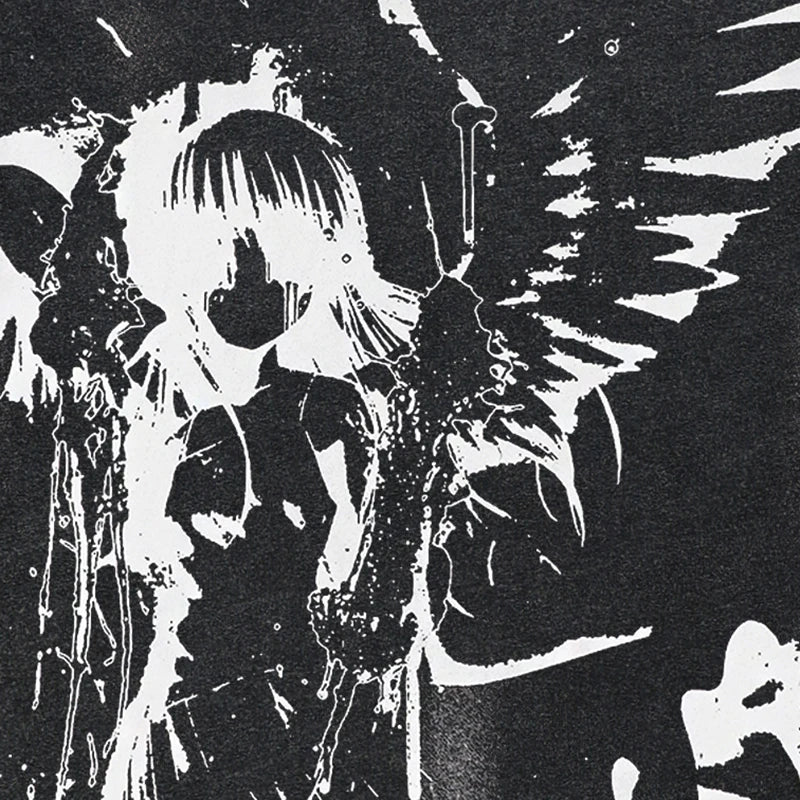 Y2K Black Anime Cartoon Washed T-Shirt — back view