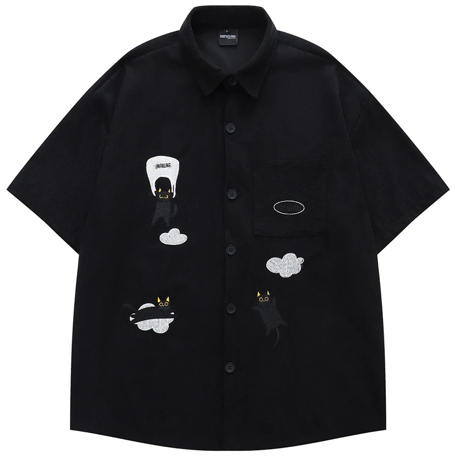Vintage Cat Graphic Corduroy Loose Shirt — back view