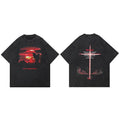 Black Cross Letter Graphic Loose T-Shirt — fabric close-up