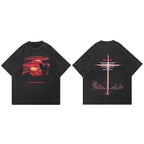 Black Cross Letter Graphic Loose T-Shirt — fabric close-up