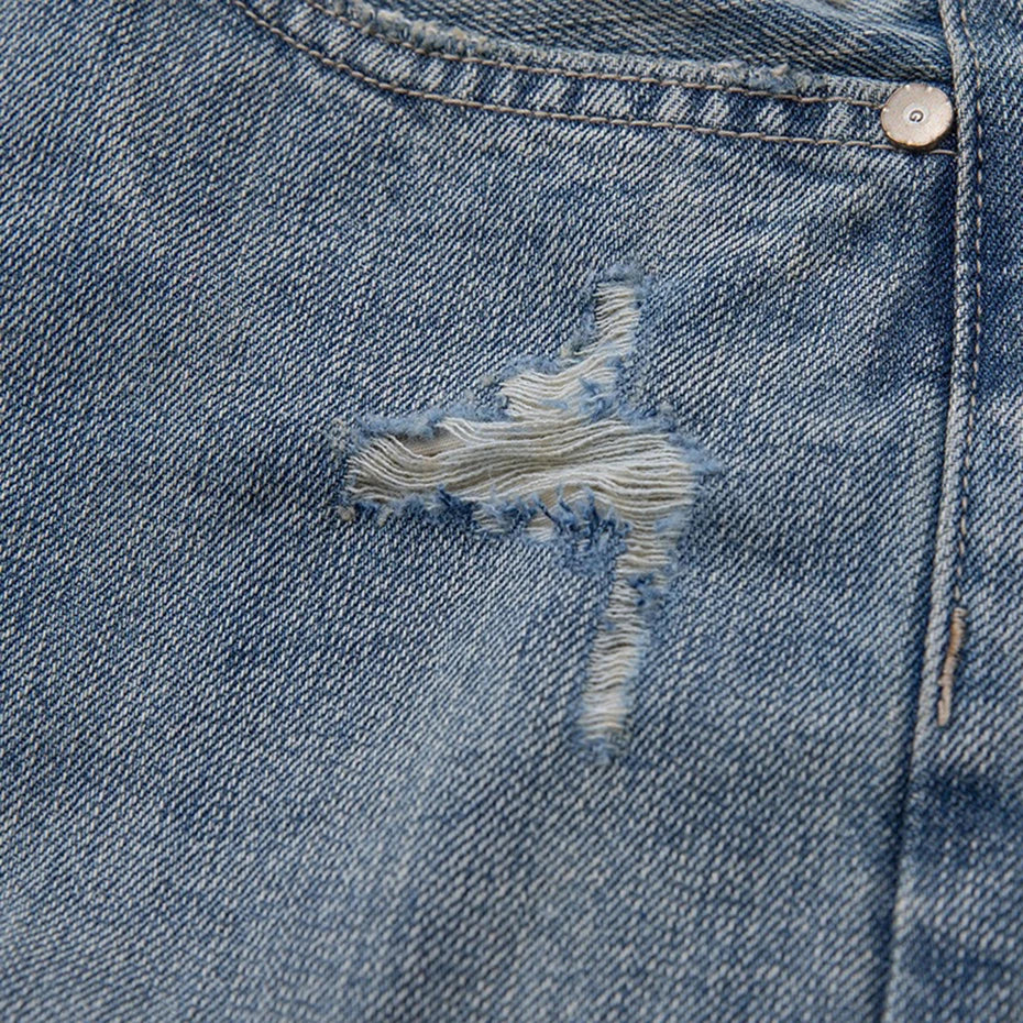 Vintage Blue Ripped Loose Denim Shorts — detail shot