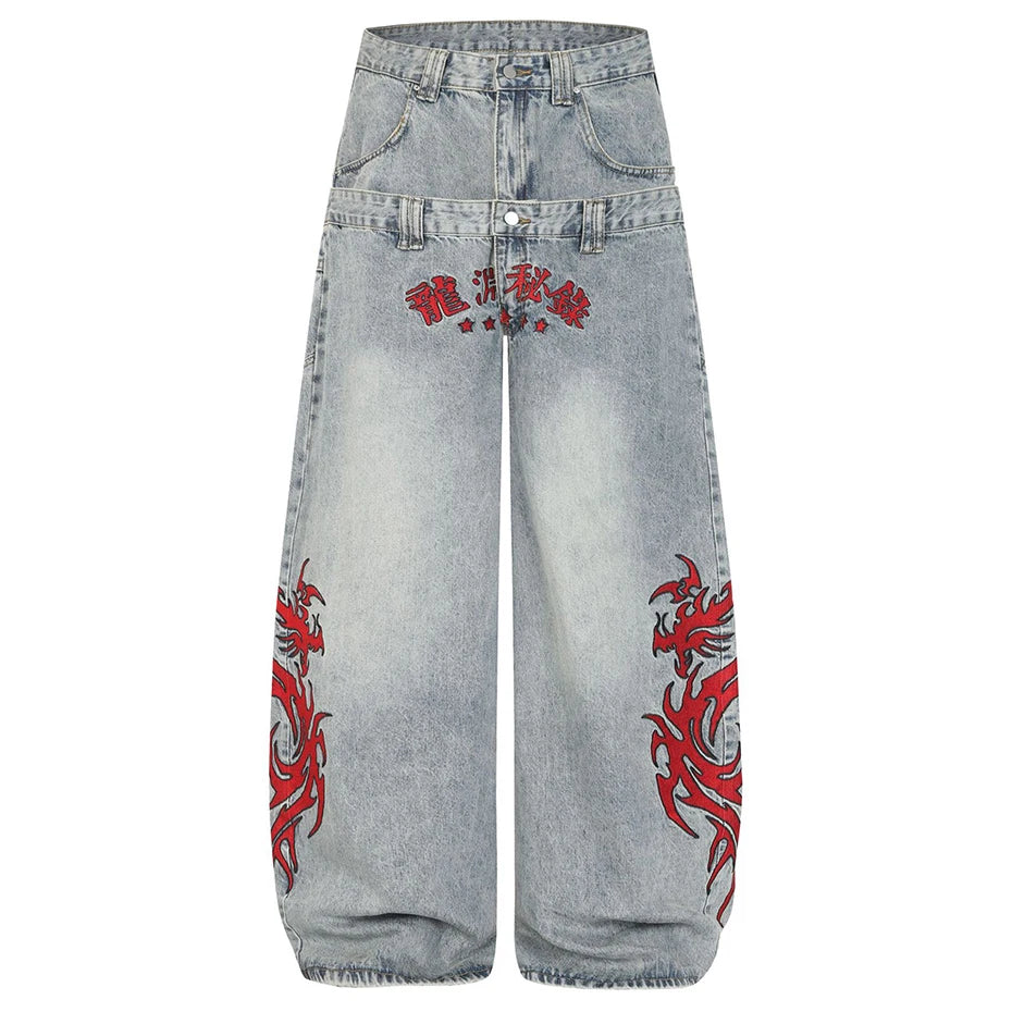 Y2K Embroidered Denim Baggy Jeans — fabric close-up