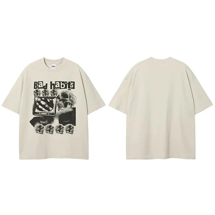 Grunge Beige Skull Graphic T-Shirt — side view