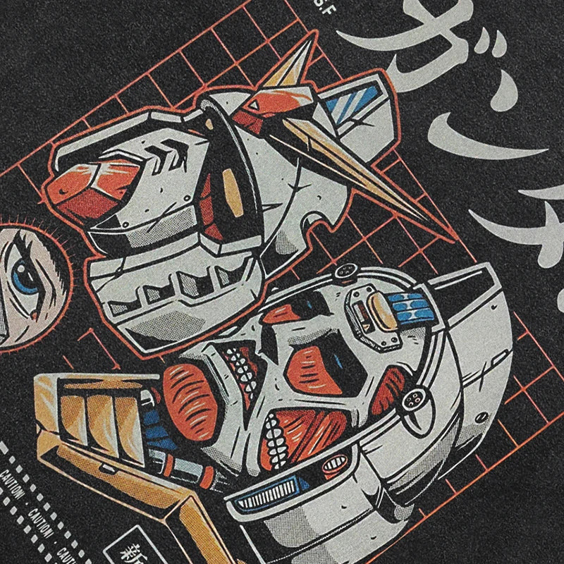 Black Anime Cartoon Faded T-Shirt — front view