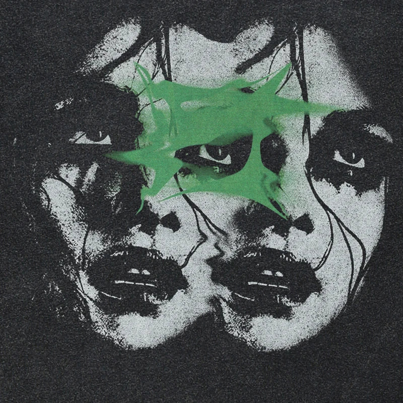 Vintage Retro Black Double Faces Washed T-Shirt — front view