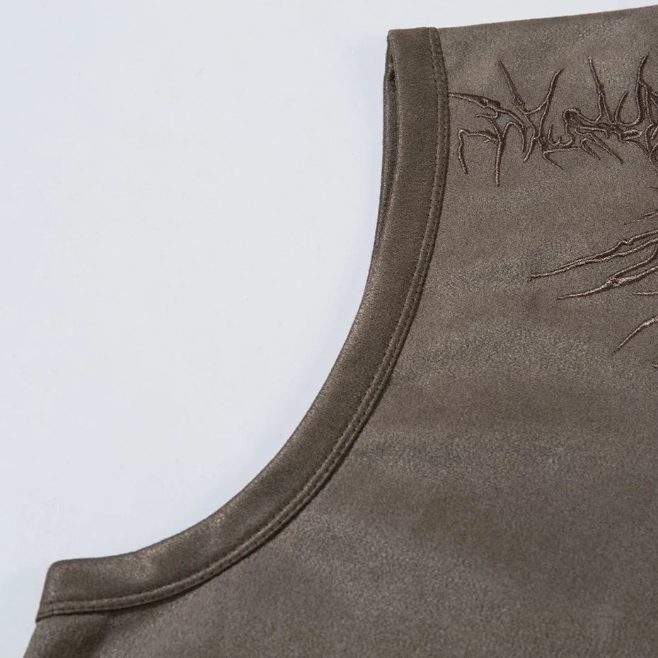 Vintage Embroidered Suede Loose Vest — fabric close-up