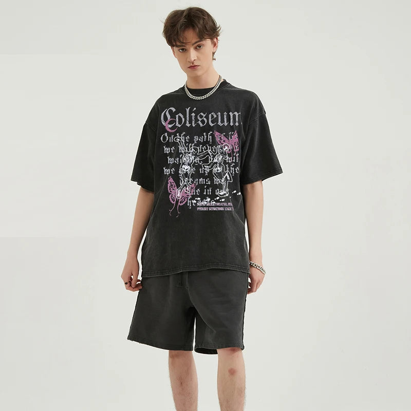 Y2K Black Dancing Skeleton Butterfly Washed T-Shirt — front view