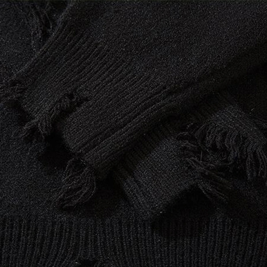 Goth Black Skull Ripped Knit Oversized Sweater — fit shot