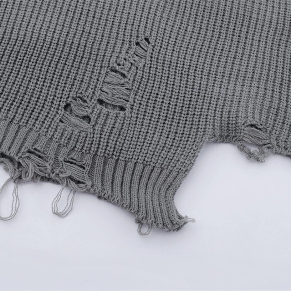 Y2K Black Ripped Knit Loose Sweater — fabric close-up