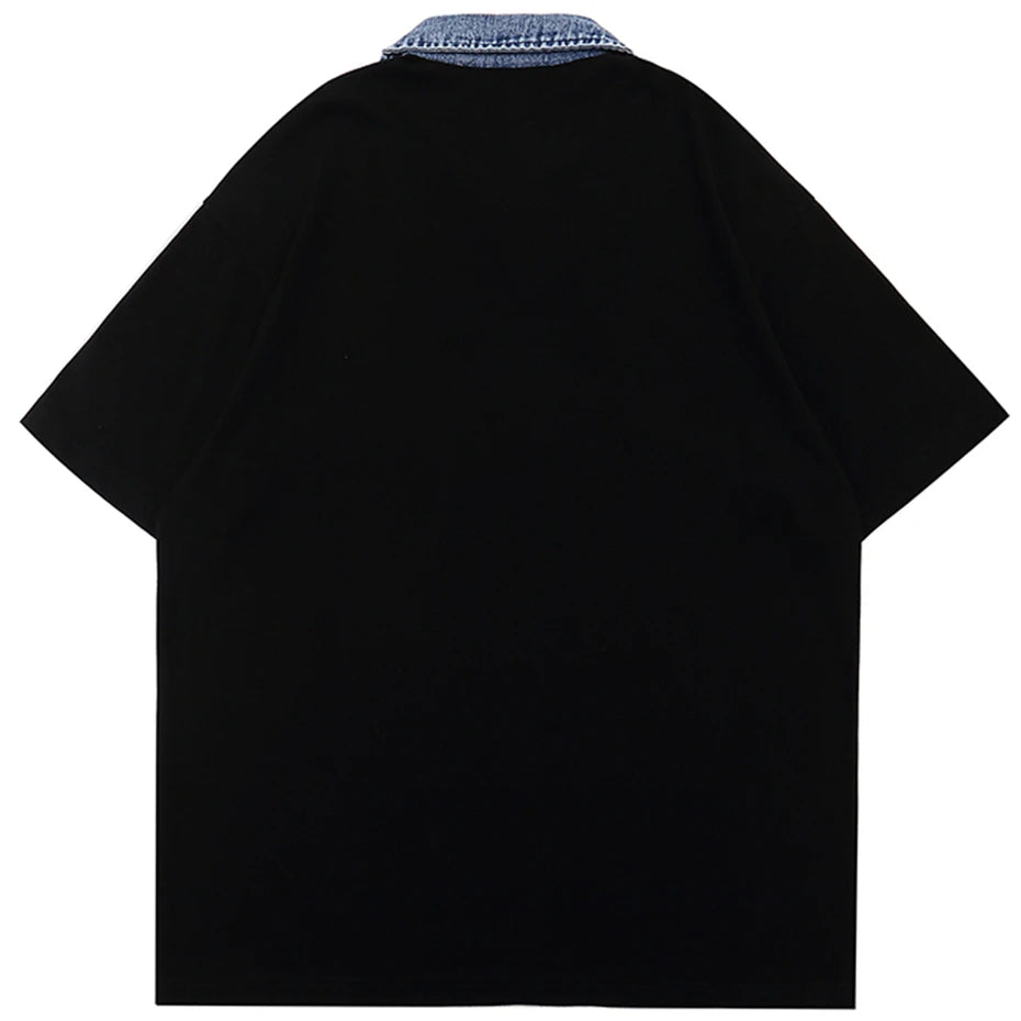 Y2K Black Letter Denim Oversized Polo Shirt — front view