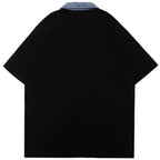 Y2K Black Letter Denim Oversized Polo Shirt — front view