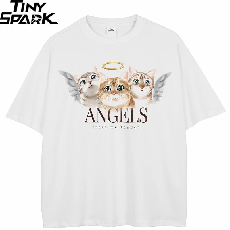 Beige Angel Cat Graphic T-Shirt — front view