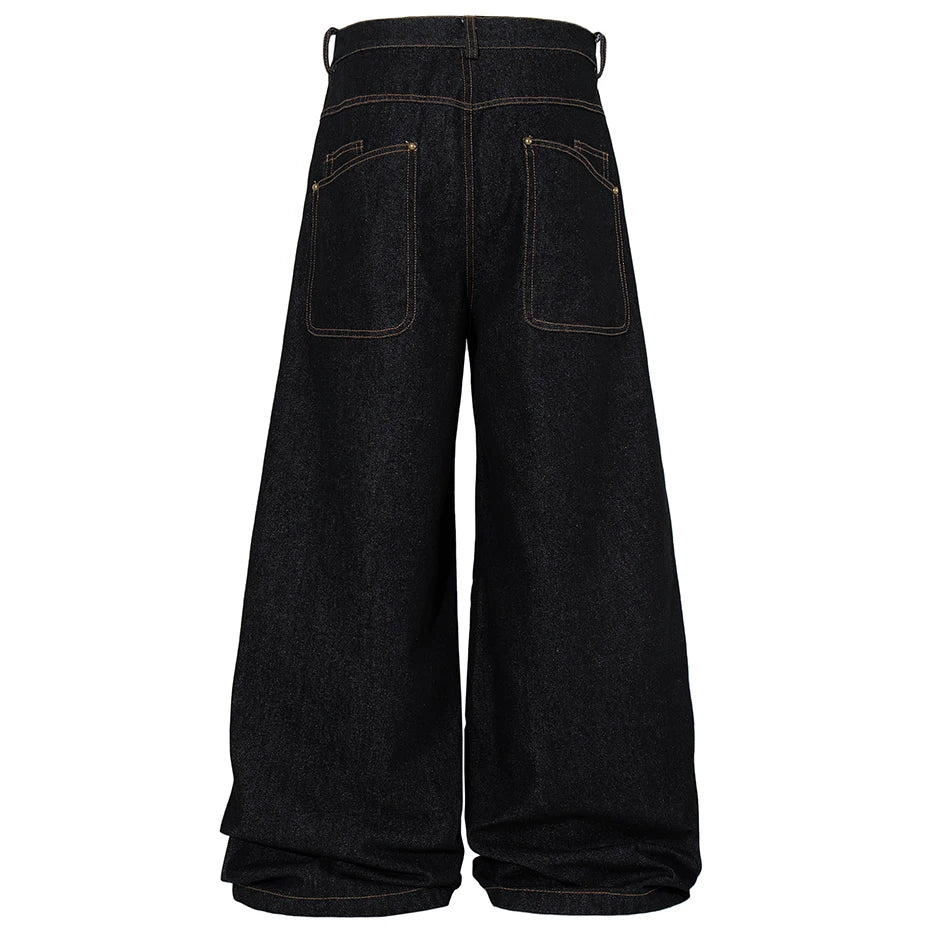 Loose Black Patchwork Denim Baggy Jeans — back view