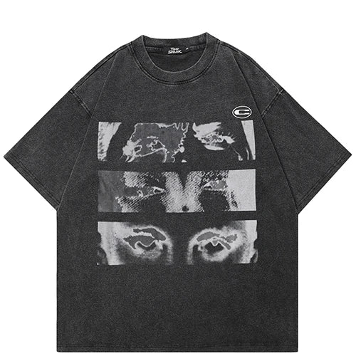 White Beige Eye Graphic T-Shirt — fit shot