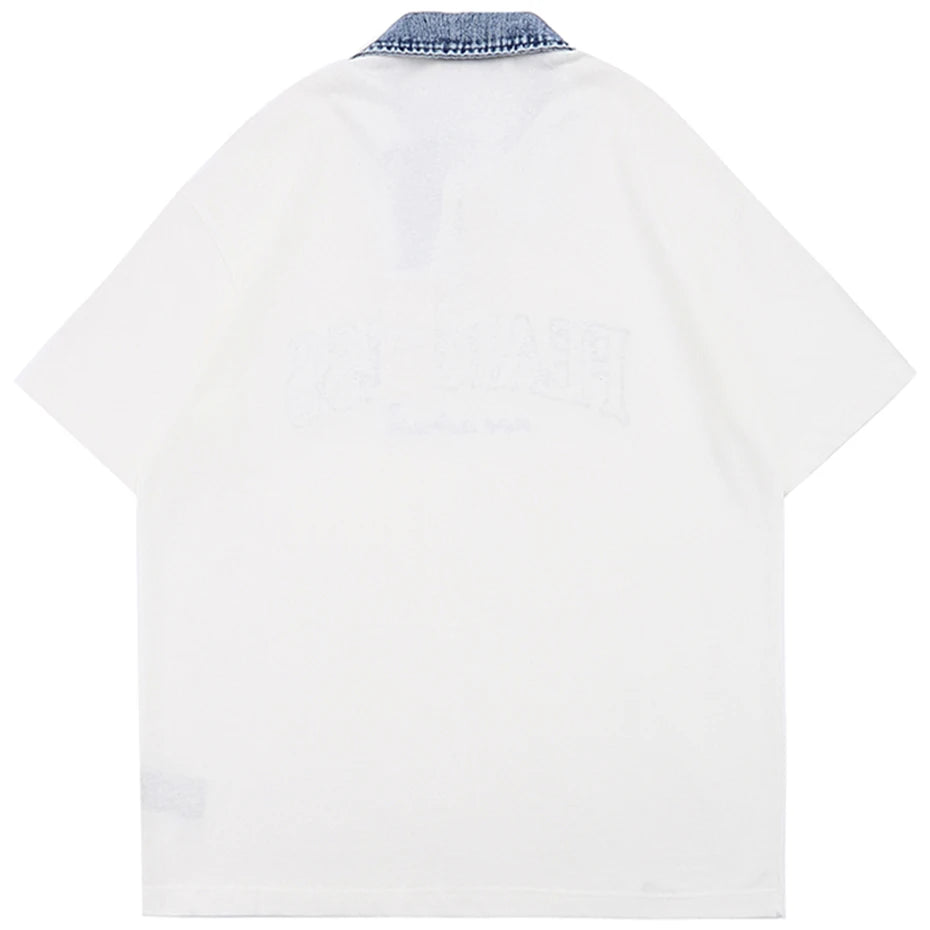 Y2K Black Letter Denim Oversized Polo Shirt — detail shot