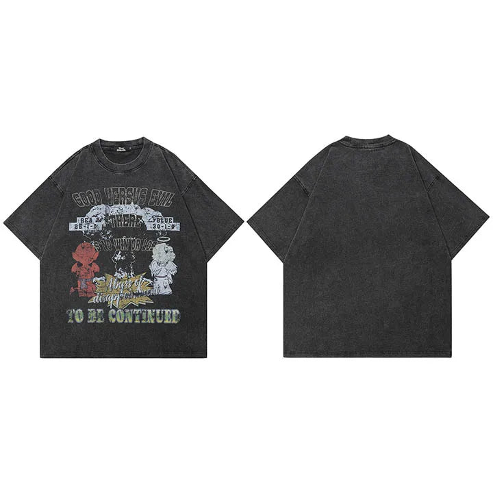 Vintage Black Angel Devil Faded T-Shirt — fabric close-up