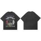 Vintage Black Angel Devil Faded T-Shirt — fabric close-up