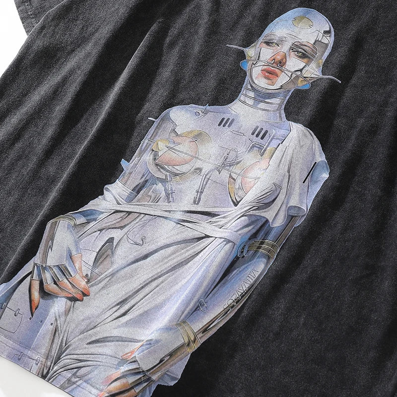 Retro Black Robot Washed Oversized T-Shirt — back view