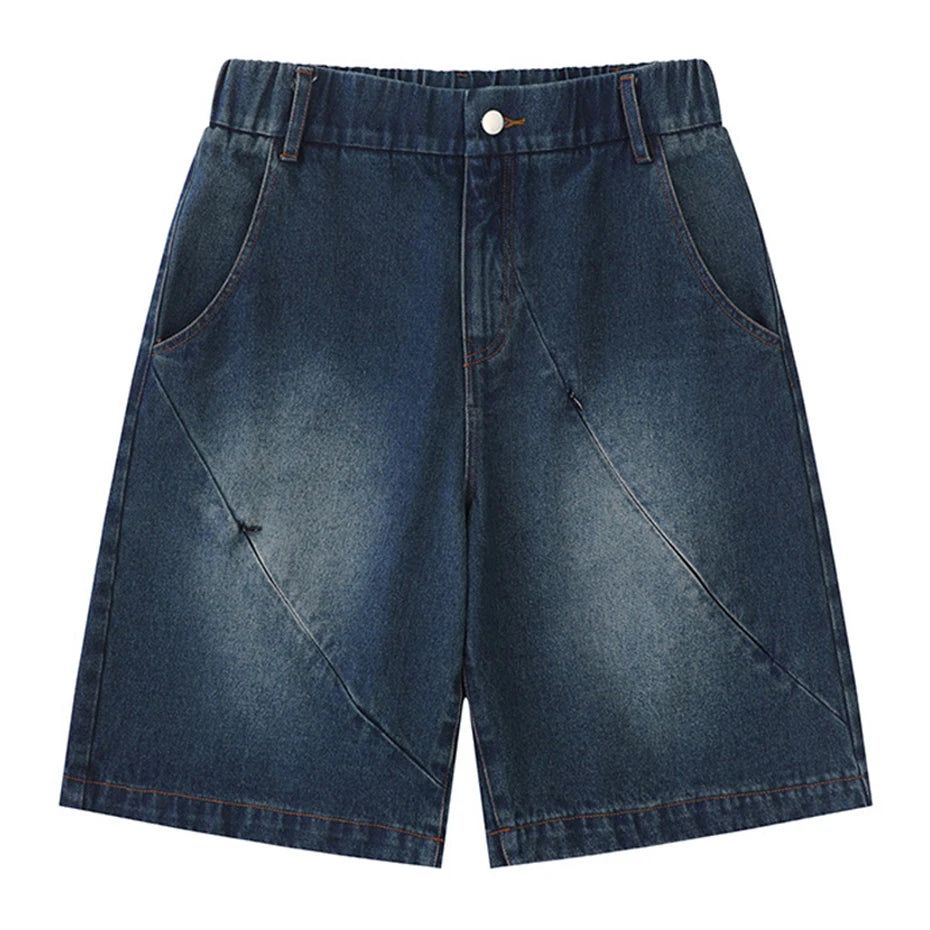 Retro Blue Star Spliced Loose Denim Shorts — back view