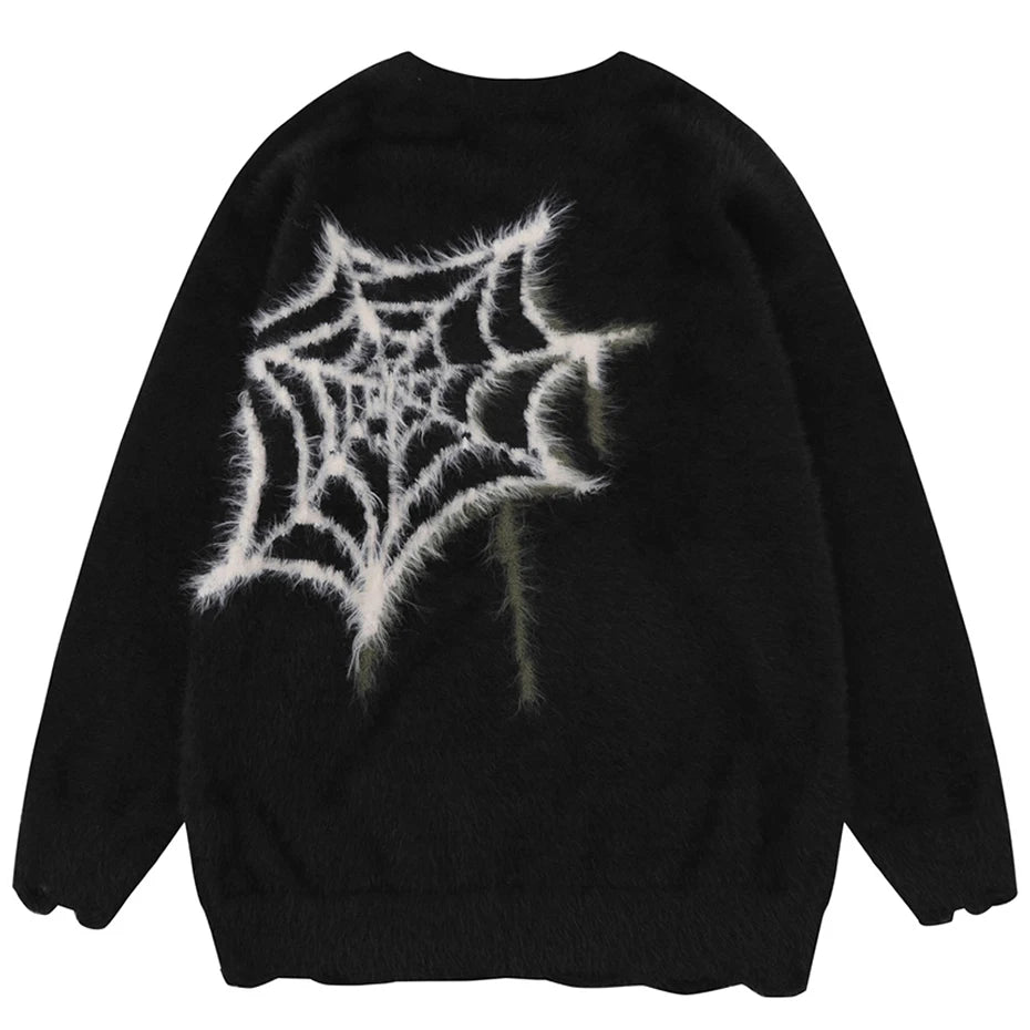 Goth Black Star Spider Knit Oversized Sweater — front view