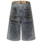 Black Vintage Blue Patchwork Loose Denim Shorts — front view