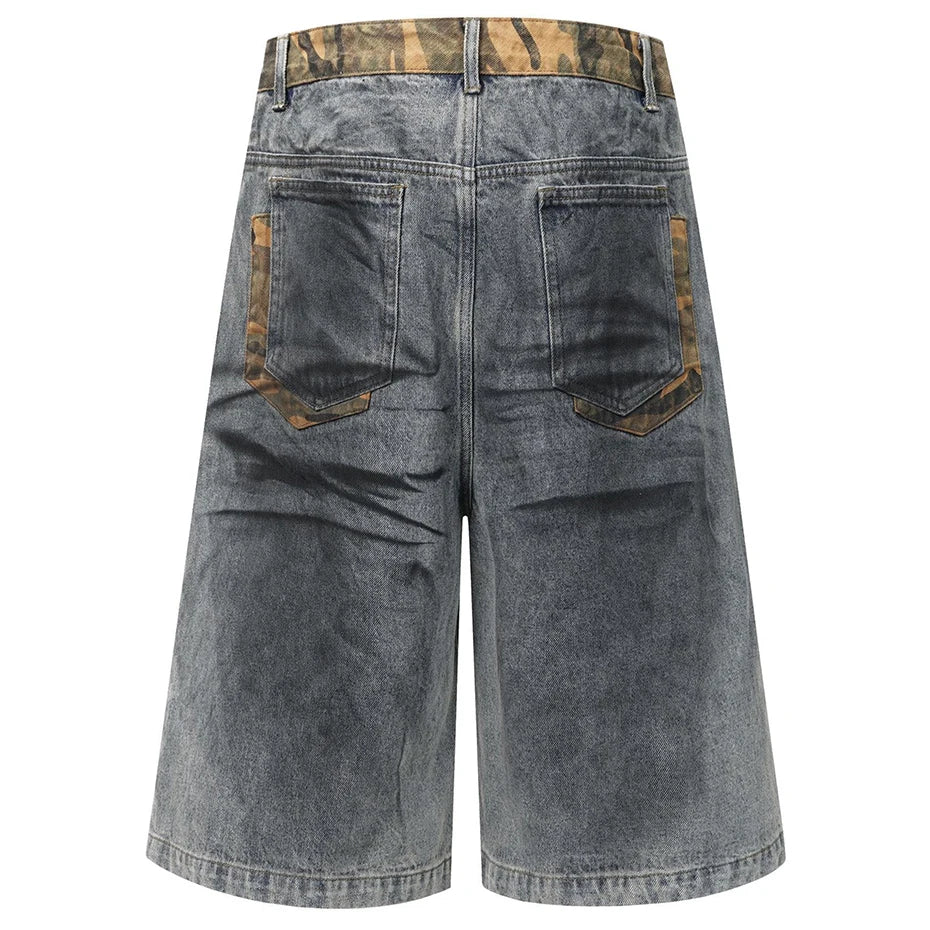 Black Vintage Blue Patchwork Loose Denim Shorts — front view