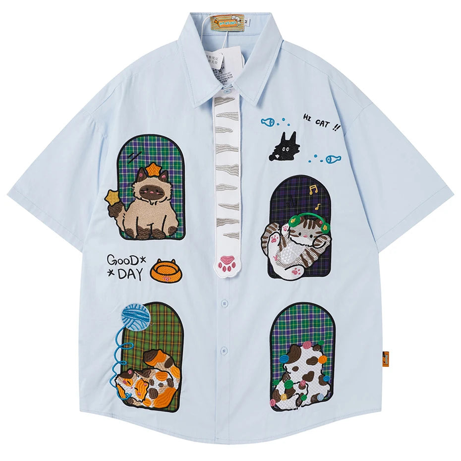 Funny Vintage Cat Embroidered Oversized Shirt — back view
