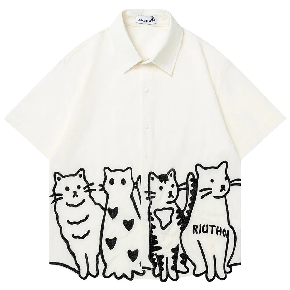 Vintage Cat Embroidered Loose Shirt — styling shot