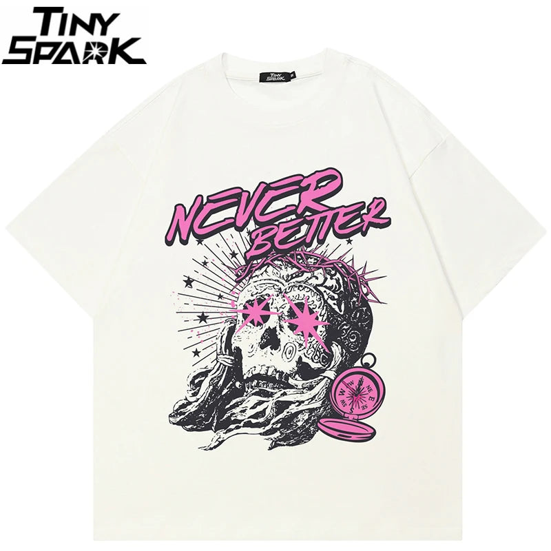 Y2K Beige Graffiti Skull Graphic T-Shirt — front view