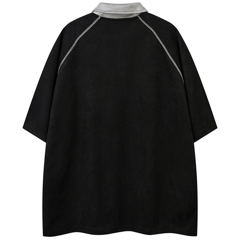Letter Embroidered Suede Loose T-Shirt — front view