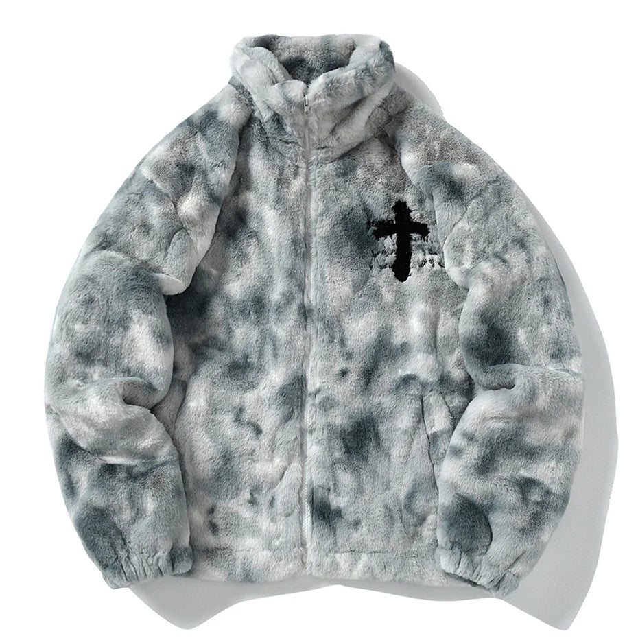 Vintage Cross Embroidered Fleece Oversized Coat — front view