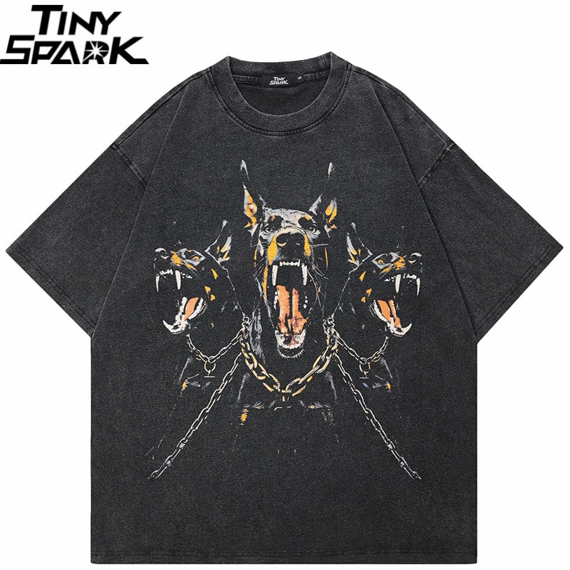 Graphic Vintage Black Doberman Dog Washed T-Shirt — front view