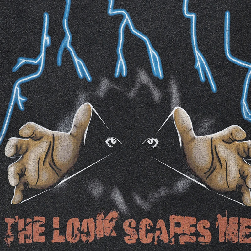 Retro Black Scary Eye Washed T-Shirt — detail shot