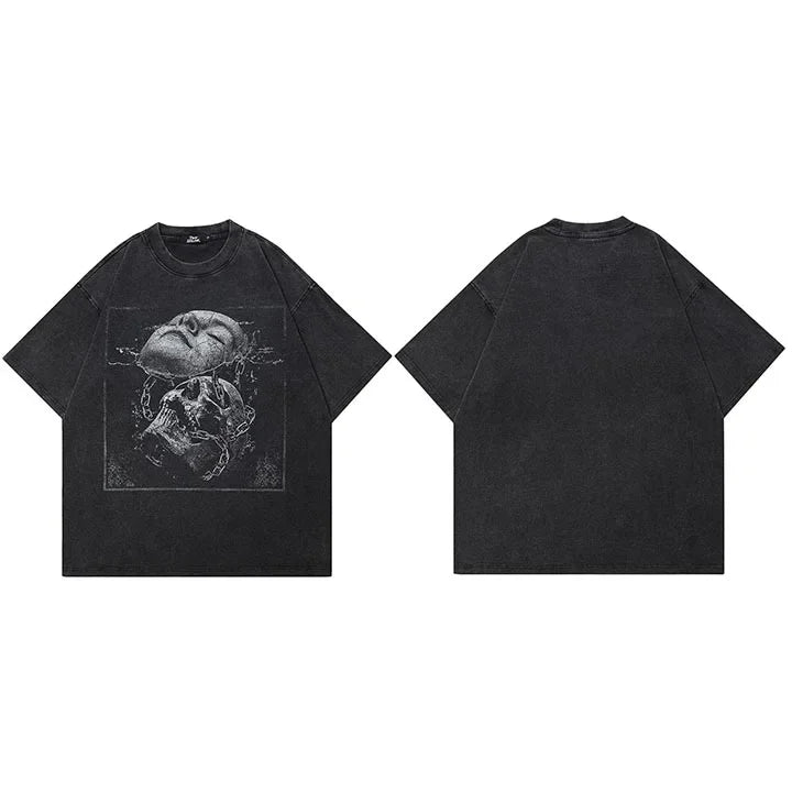 Retro Black Face Skull Washed T-Shirt — fabric close-up