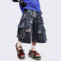 Wide Vintage Blue Ripped Loose Denim Shorts — fit shot