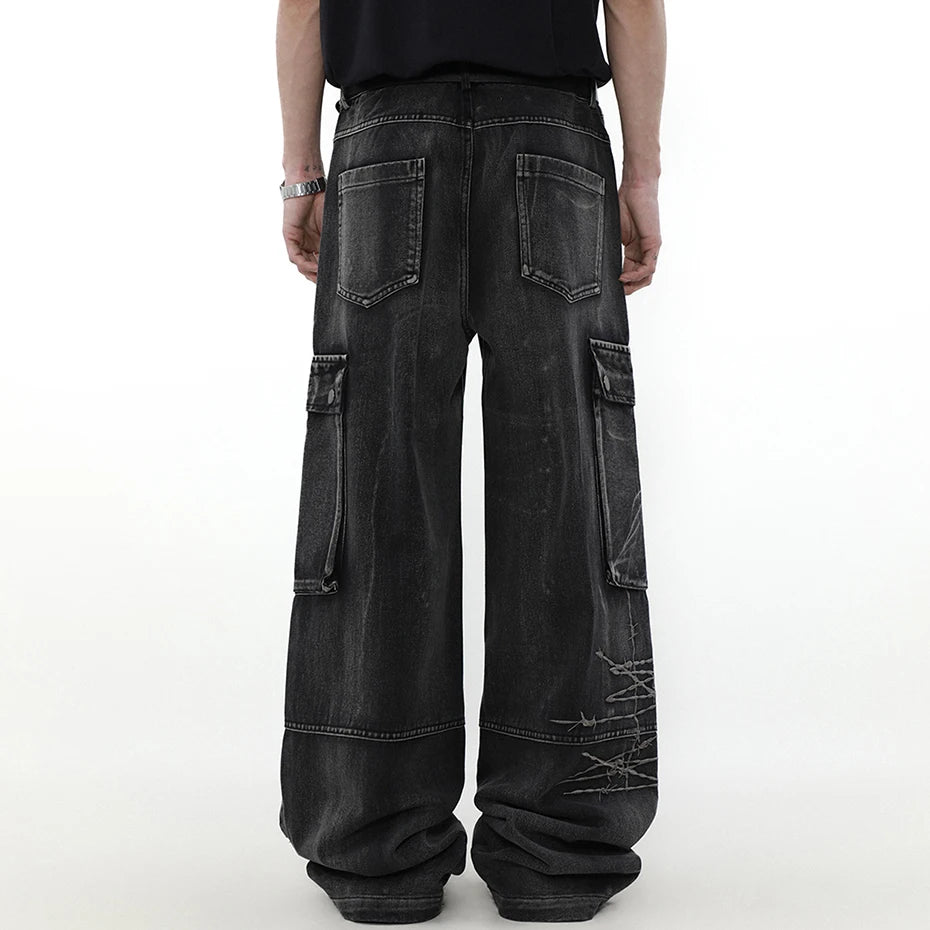 Black Car Embroidered Denim Loose Jeans — detail shot