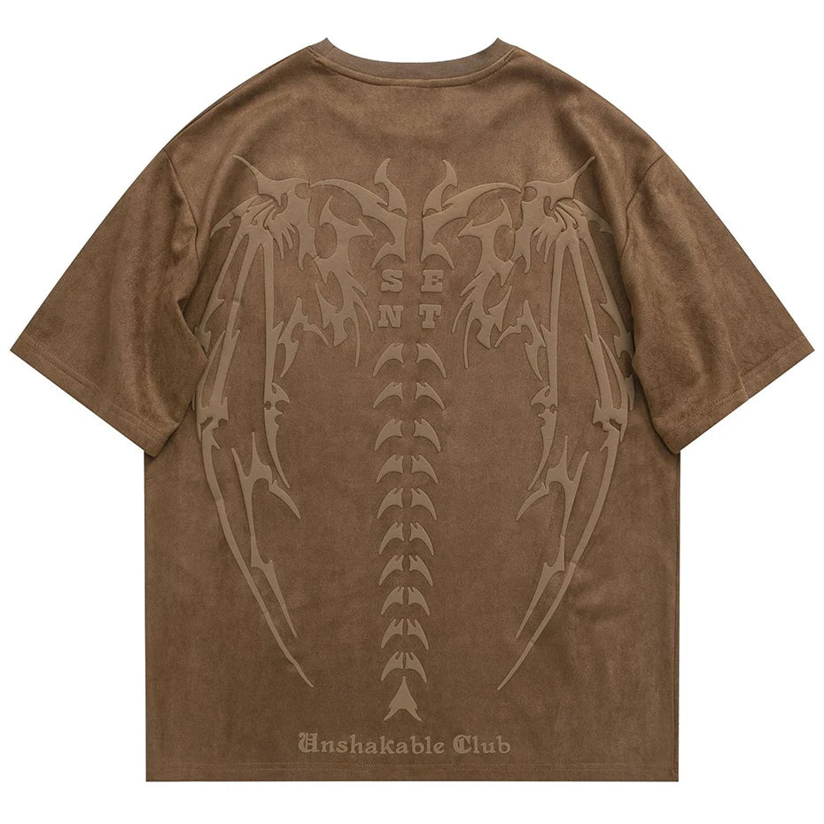 Skeleton Wings Graphic Suede Loose T-Shirt — styling shot