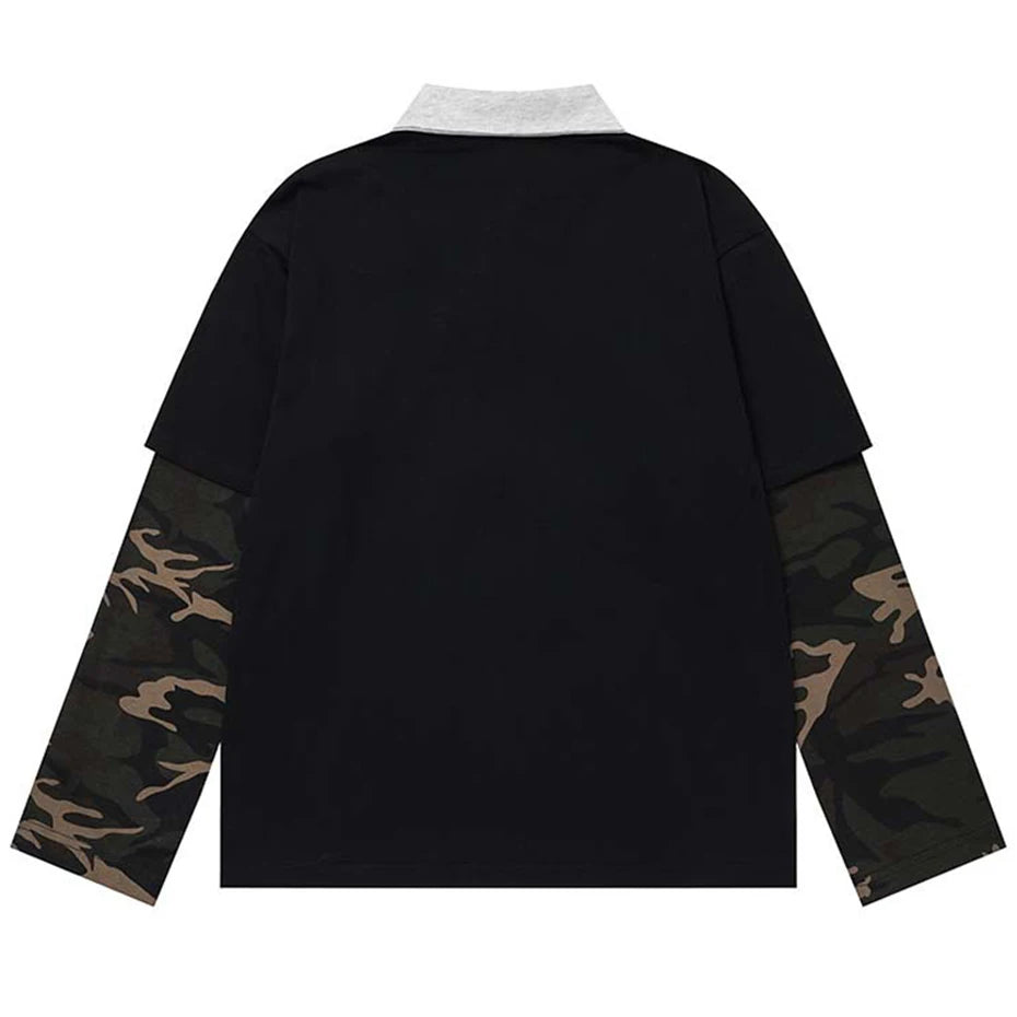 Y2K Vintage Camouflage Patchwork Oversized Long Sleeve Tee — front view