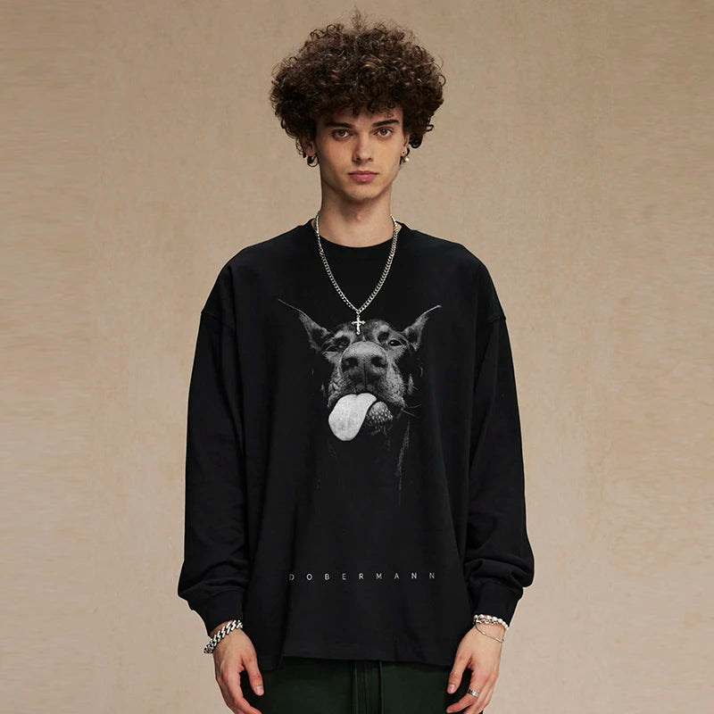 Black Doberman Dog Graphic Long Sleeve Tee — front view