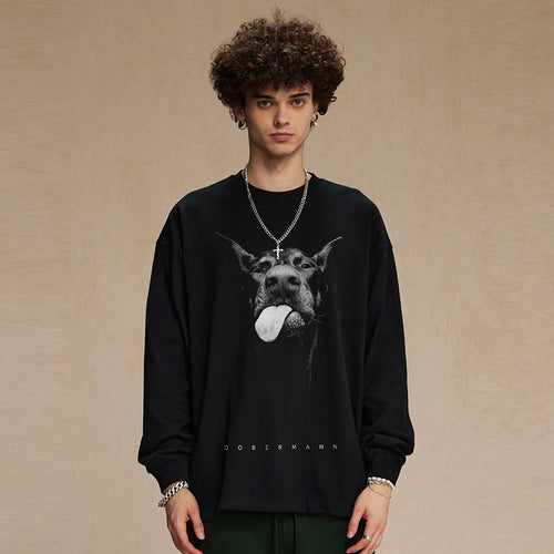 Black Doberman Dog Graphic Long Sleeve Tee — front view