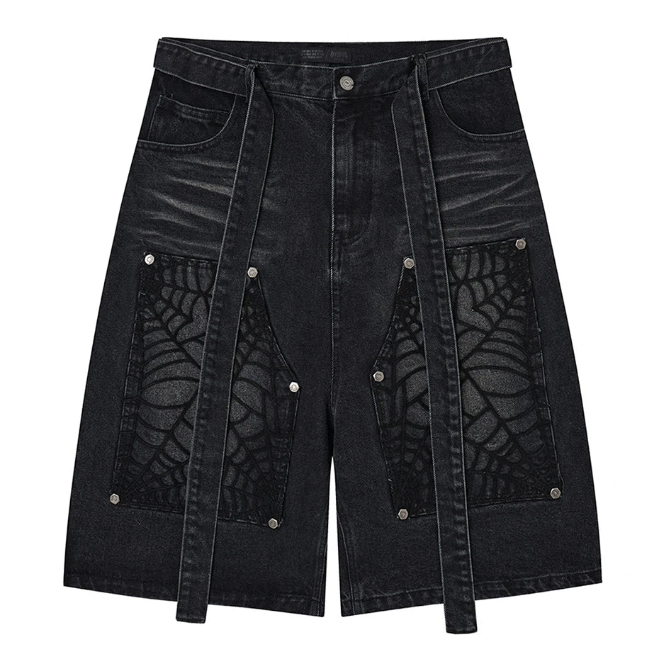 Net Vintage Patchwork Loose Denim Shorts — back view