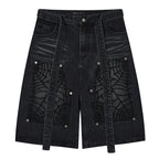 Net Vintage Patchwork Loose Denim Shorts — back view