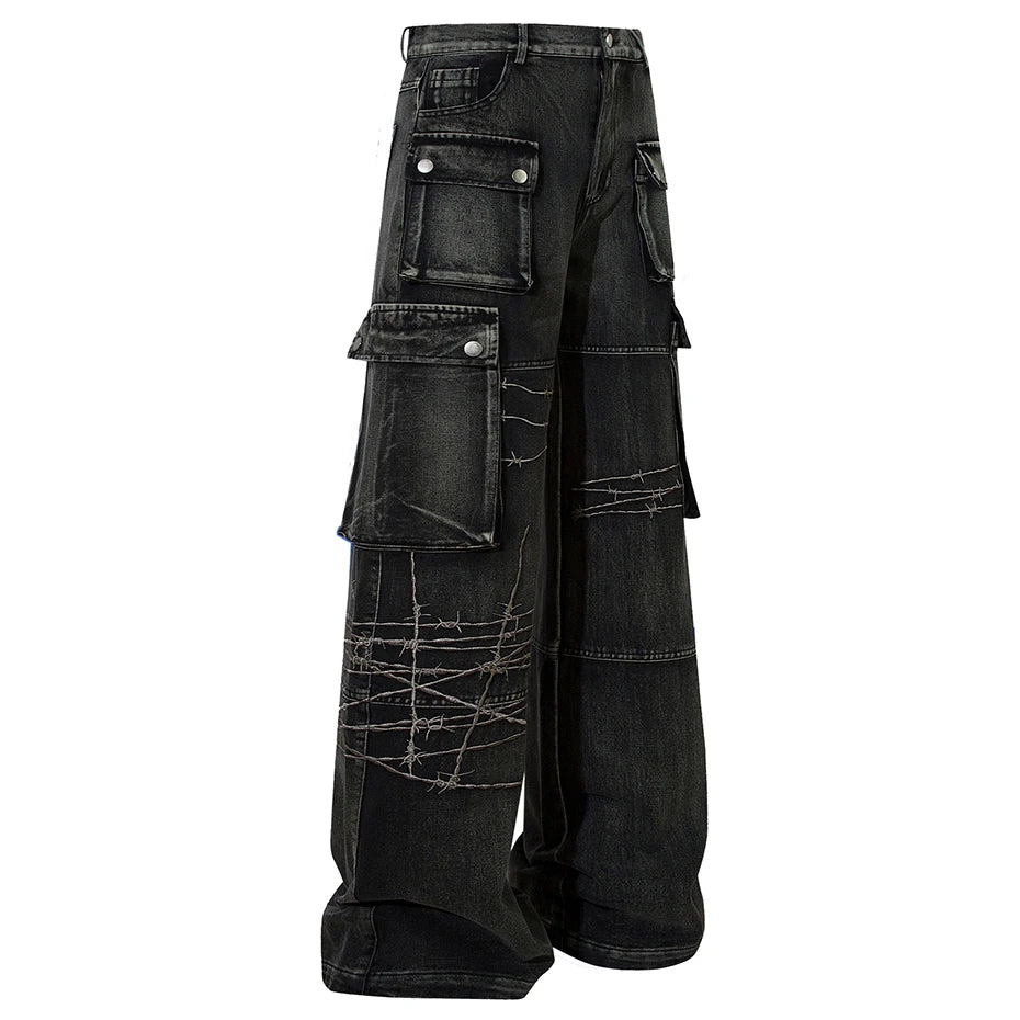 Black Car Embroidered Denim Loose Jeans — fit shot