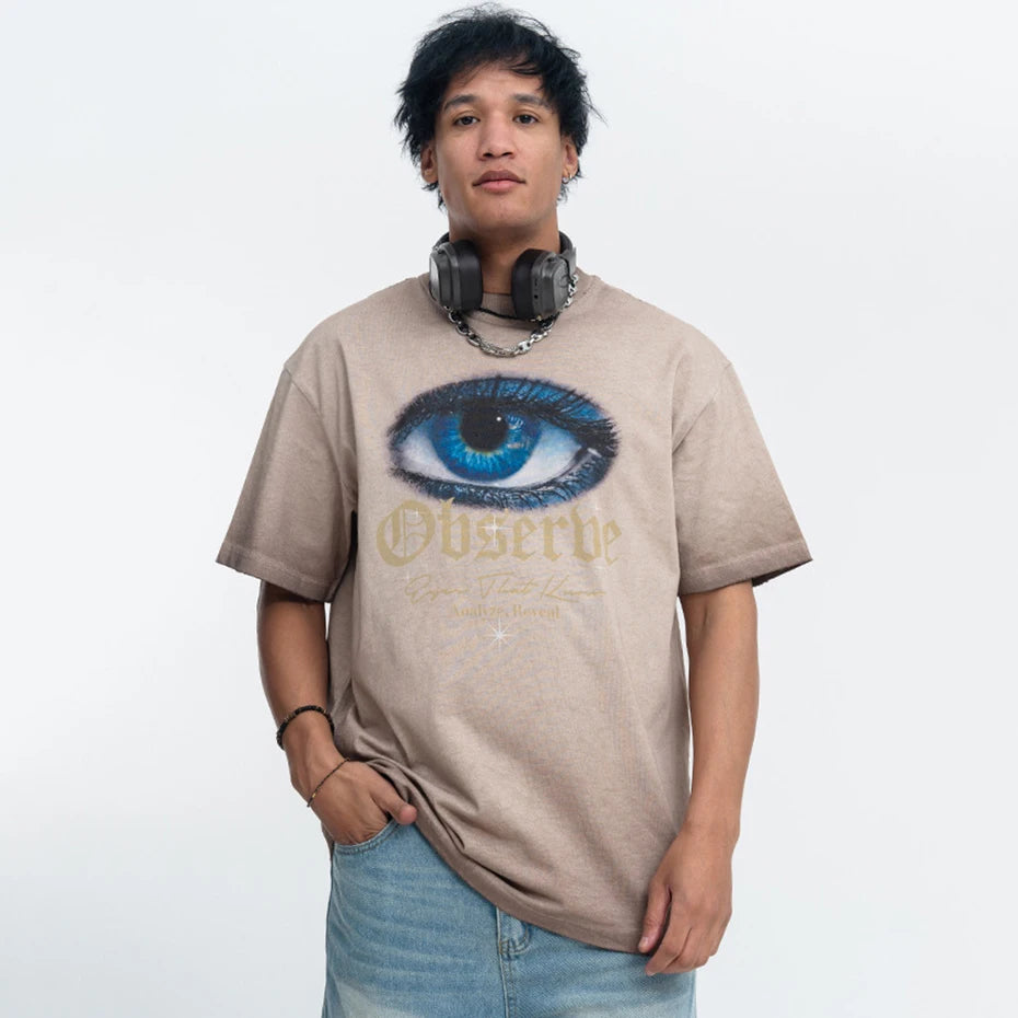 Vintage Eyes Graphic Oversized T-Shirt — fabric close-up