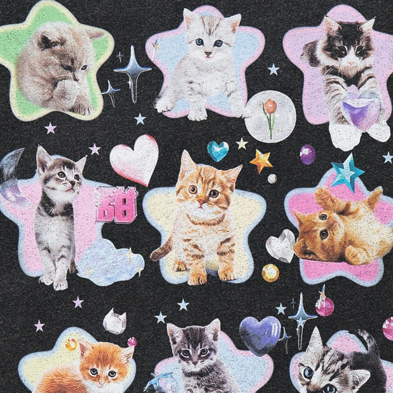 Retro Black Star Baby Cats Washed T-Shirt — front view